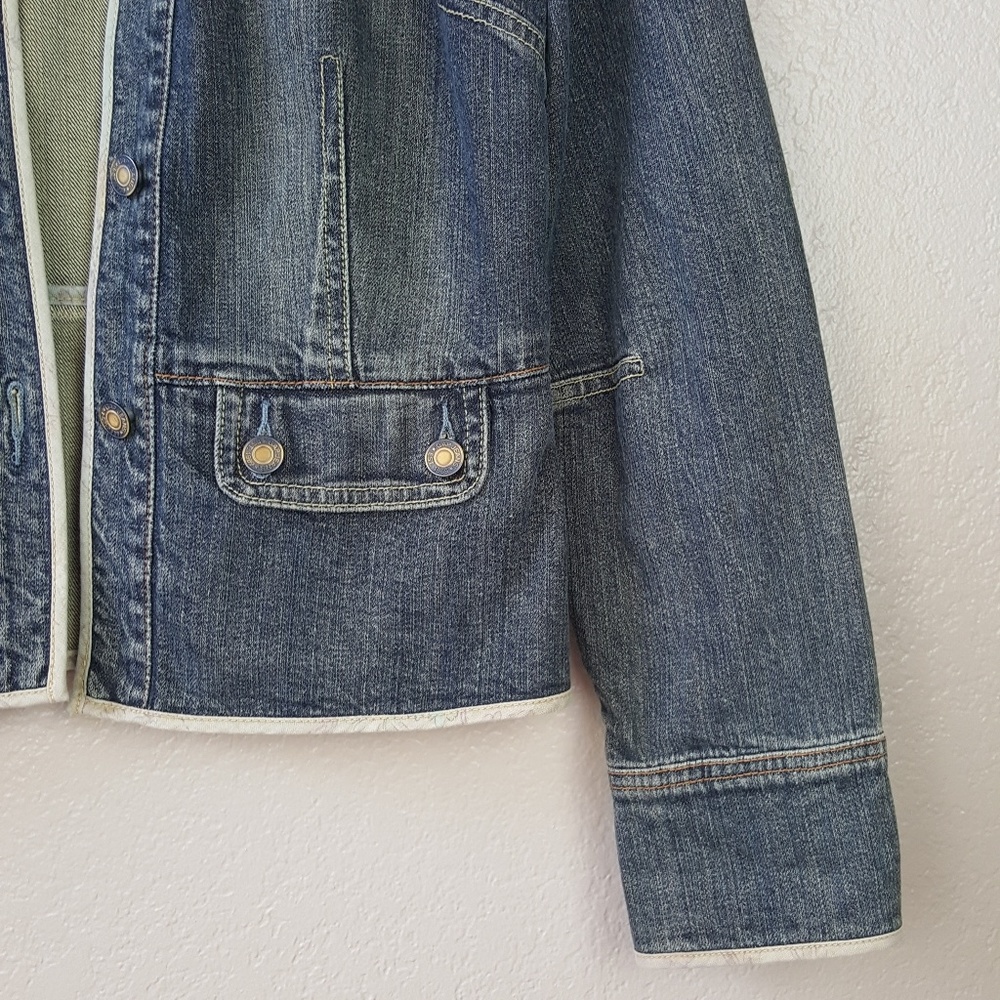 Vintage Gap Stretch Dip Dye Dark Denim Floral Trim Boho Mock Neck Jacket Coat S - Picture 7 of 8